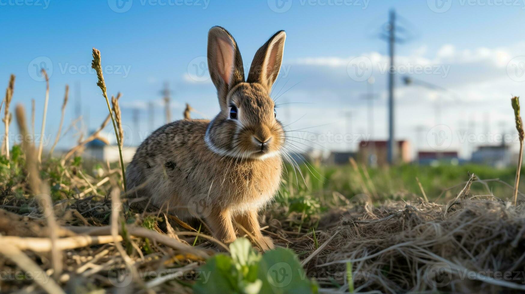 Foto av en kanin i de jordbruksmark. generativ ai