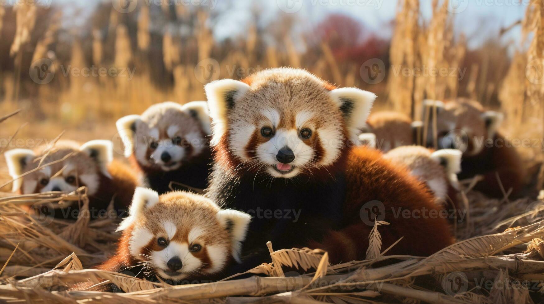 Foto av en besättning av röd panda vilar i ett öppen område på de savann. generativ ai