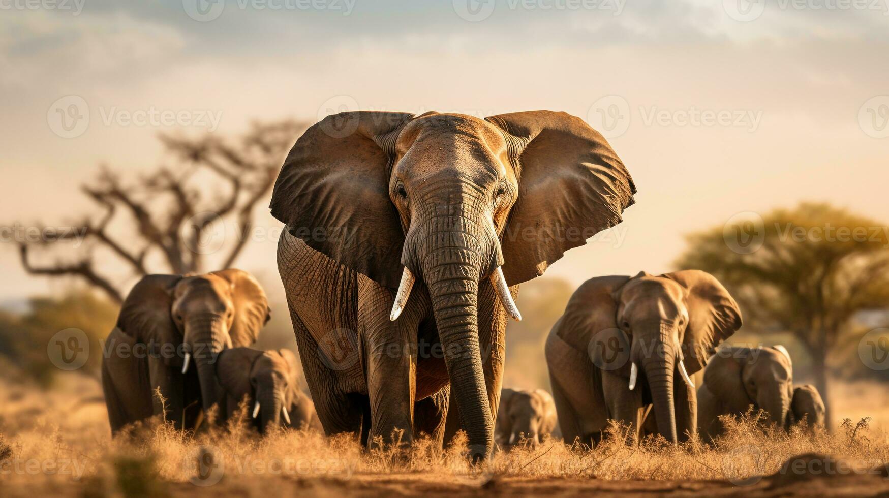 Foto av en besättning av afrikansk elefant vilar i ett öppen område på de savann. generativ ai