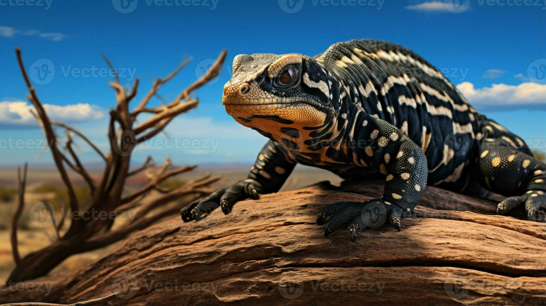 Foto av en gila monster under blå himmel. generativ ai