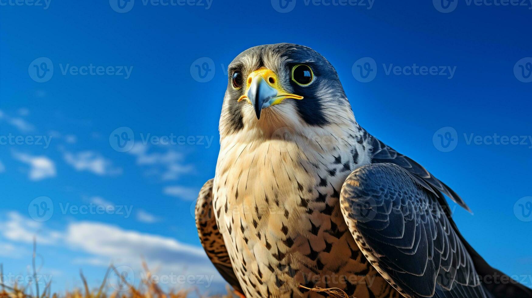 Foto av en falk under blå himmel. generativ ai