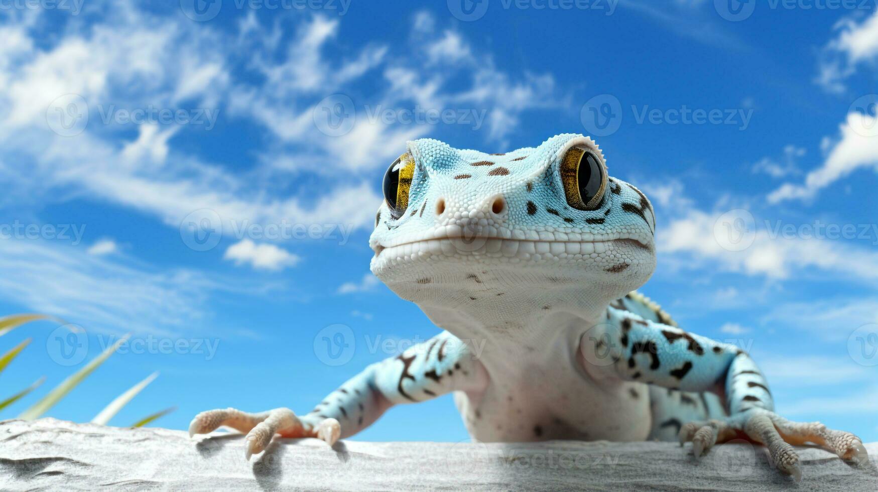 Foto av en gecko under blå himmel. generativ ai