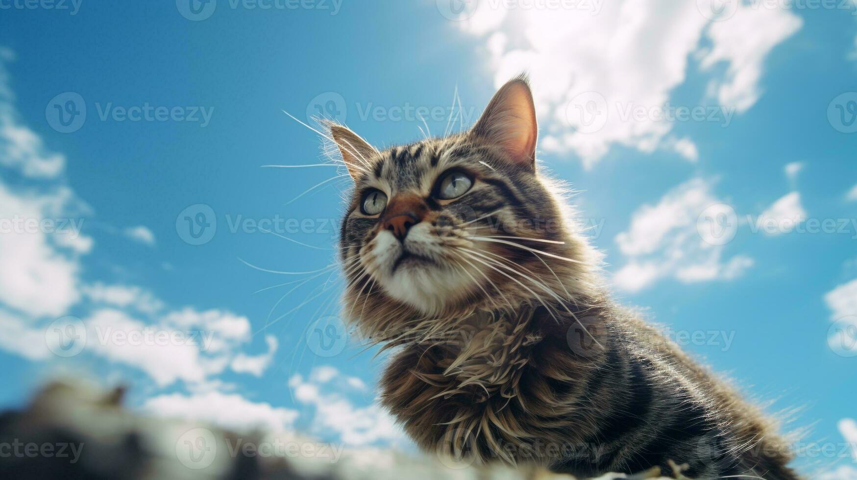 Foto av en katt under blå himmel. generativ ai