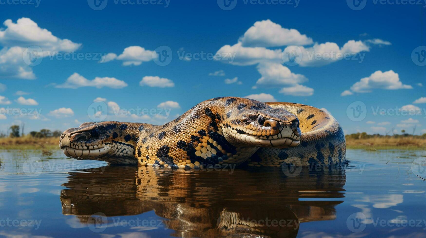 Foto av en anakonda under blå himmel. generativ ai