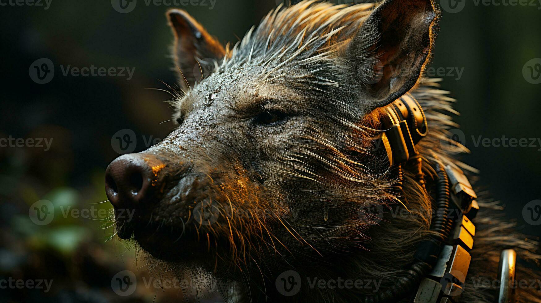 närbild Foto av en warthog ser några riktning på djungel. generativ ai