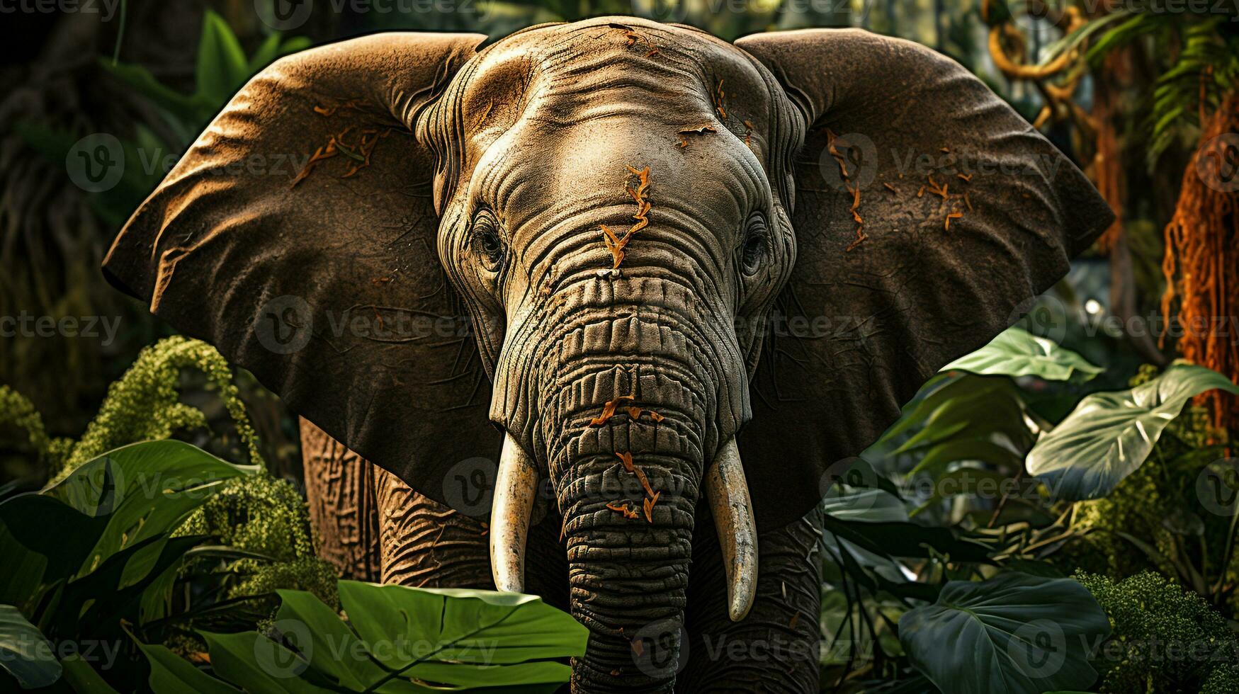 närbild Foto av en elefant ser några riktning på djungel. generativ ai