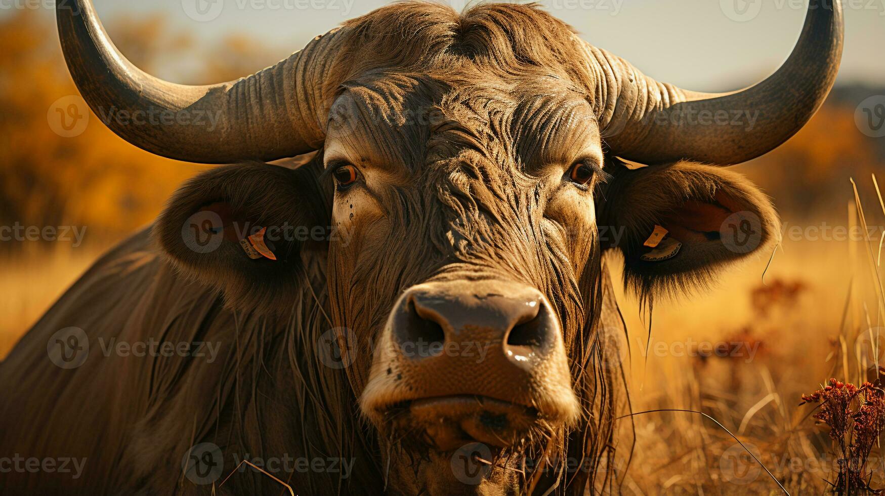 närbild Foto av en buffel ser några riktning. generativ ai