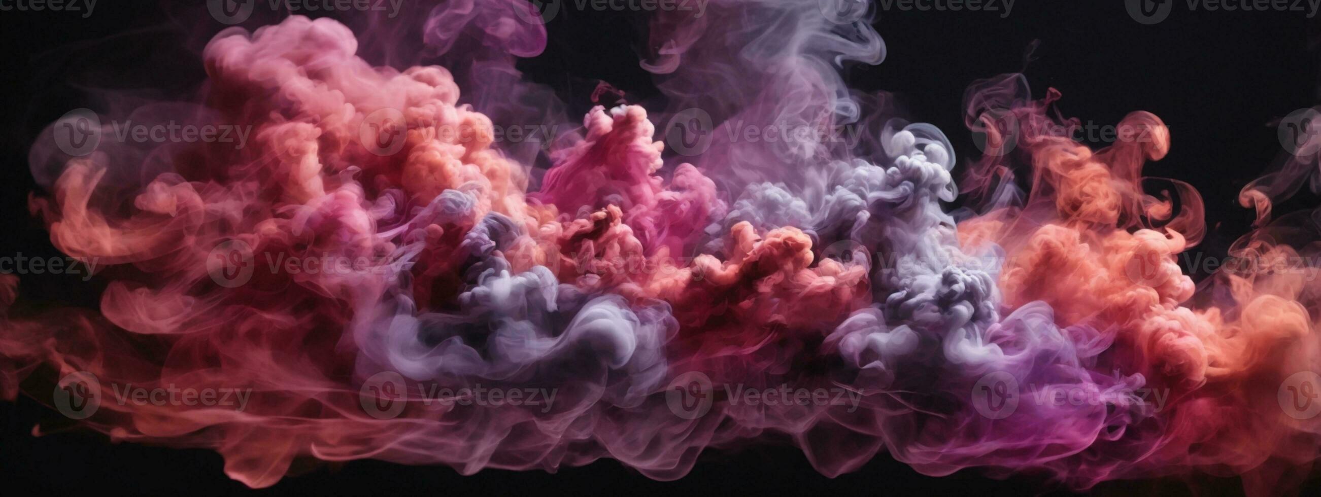 tät flerfärgad rök av röd, lila och rosa färger på en svart isolerat bakgrund. bakgrund av rök vape. ai genererad foto