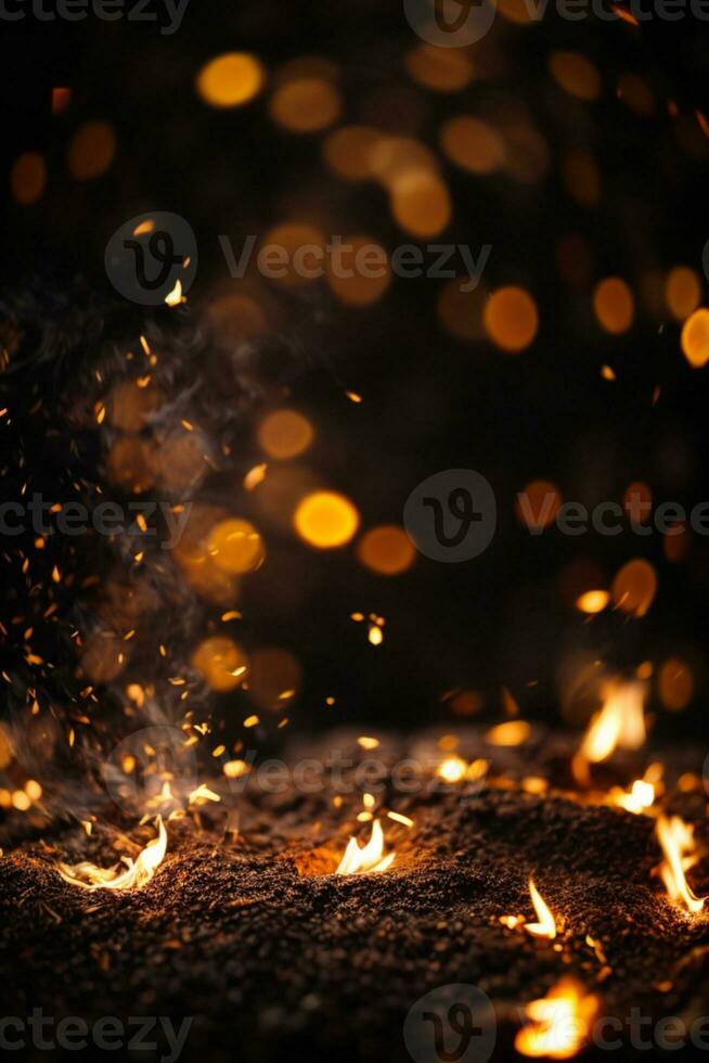 detalj av brand gnistor isolerat på svart bakgrund. ai genererad foto