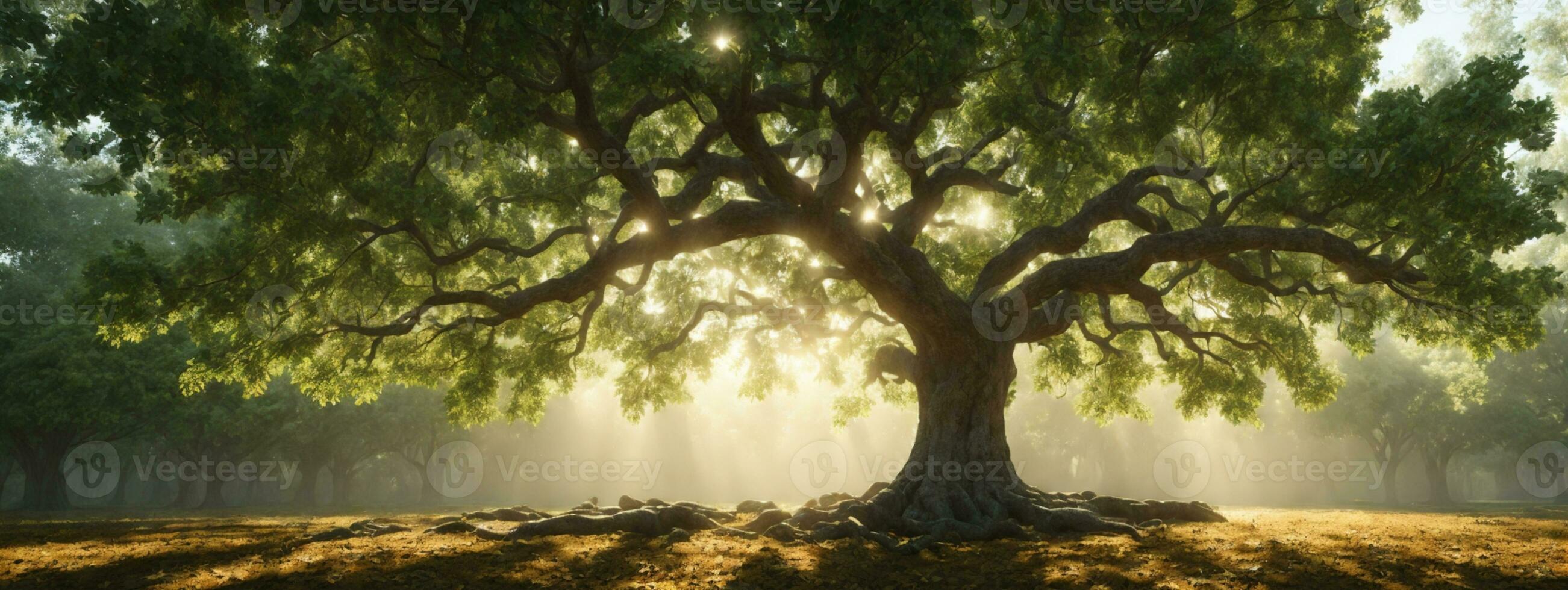 gammal ek träd lövverk i morgon- ljus med solljus. ai genererad foto