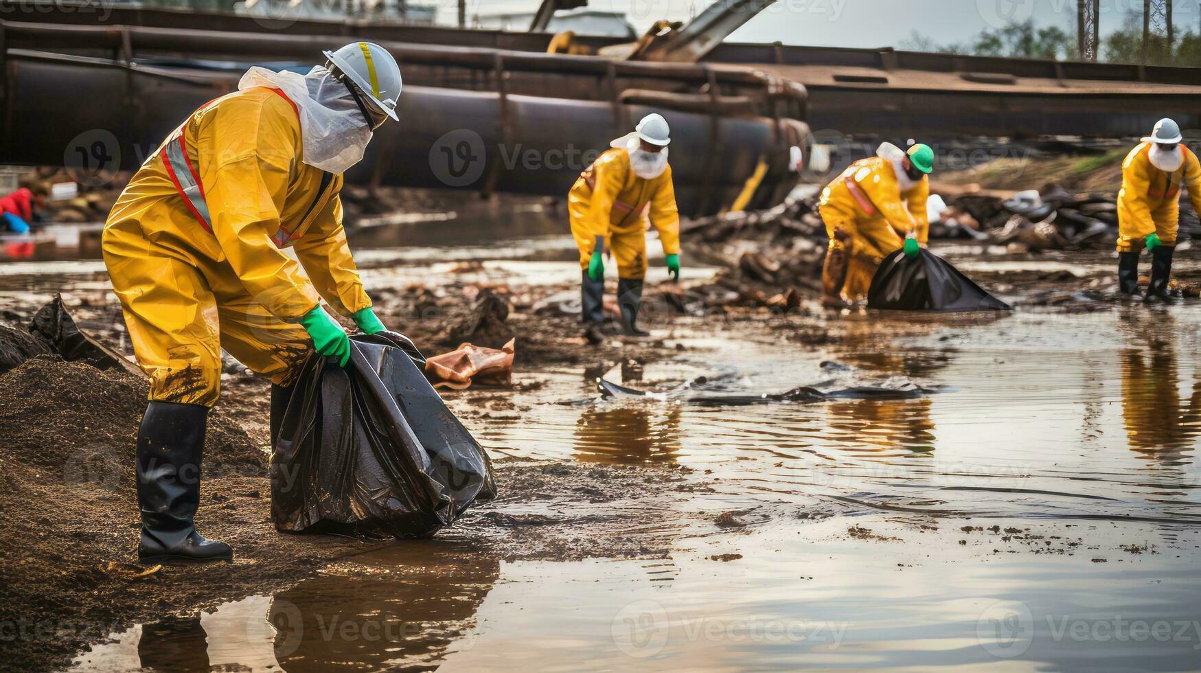 olja spill förorening städa med arbetare i hazmat kostymer. generativ ai foto