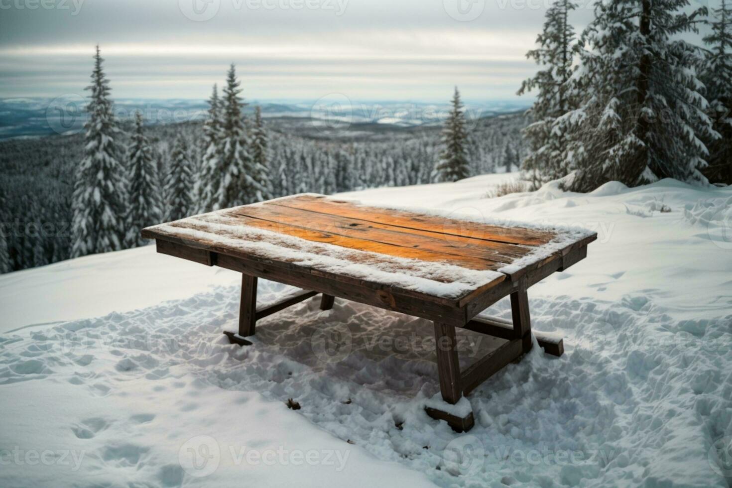 gammal trä textur med snö och gran. ai genererad foto