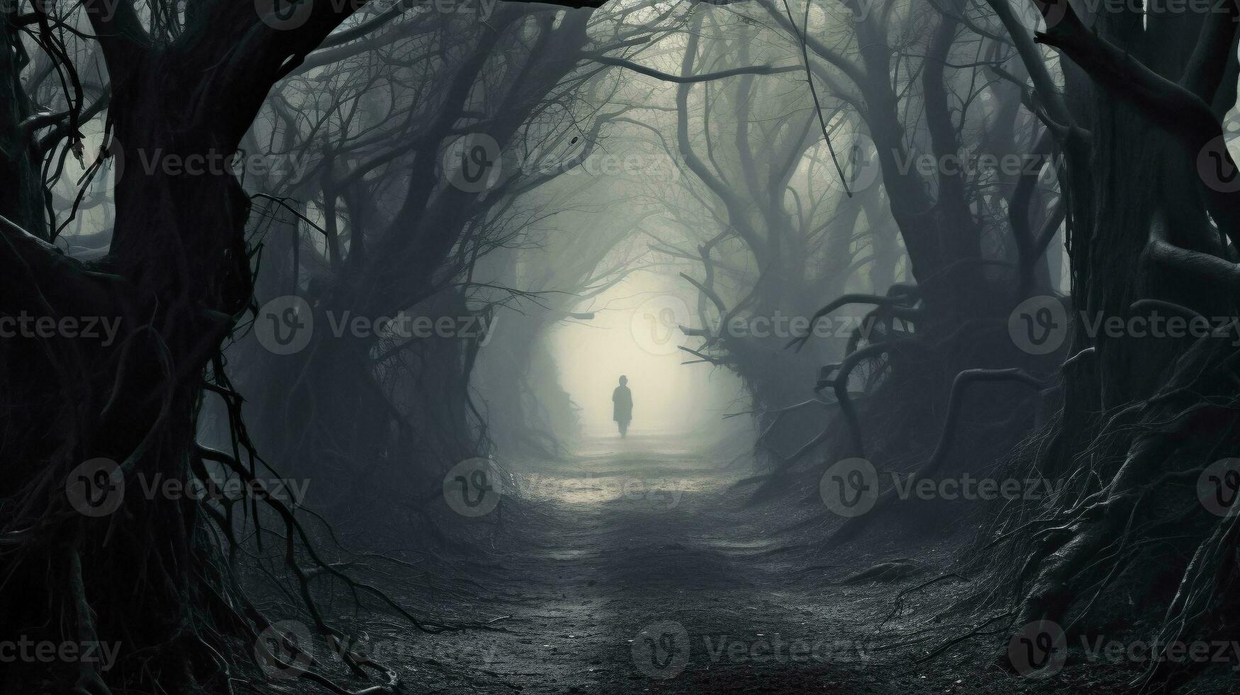 eterisk resa spöklik siffror i de dimmig skog, ai generativ foto