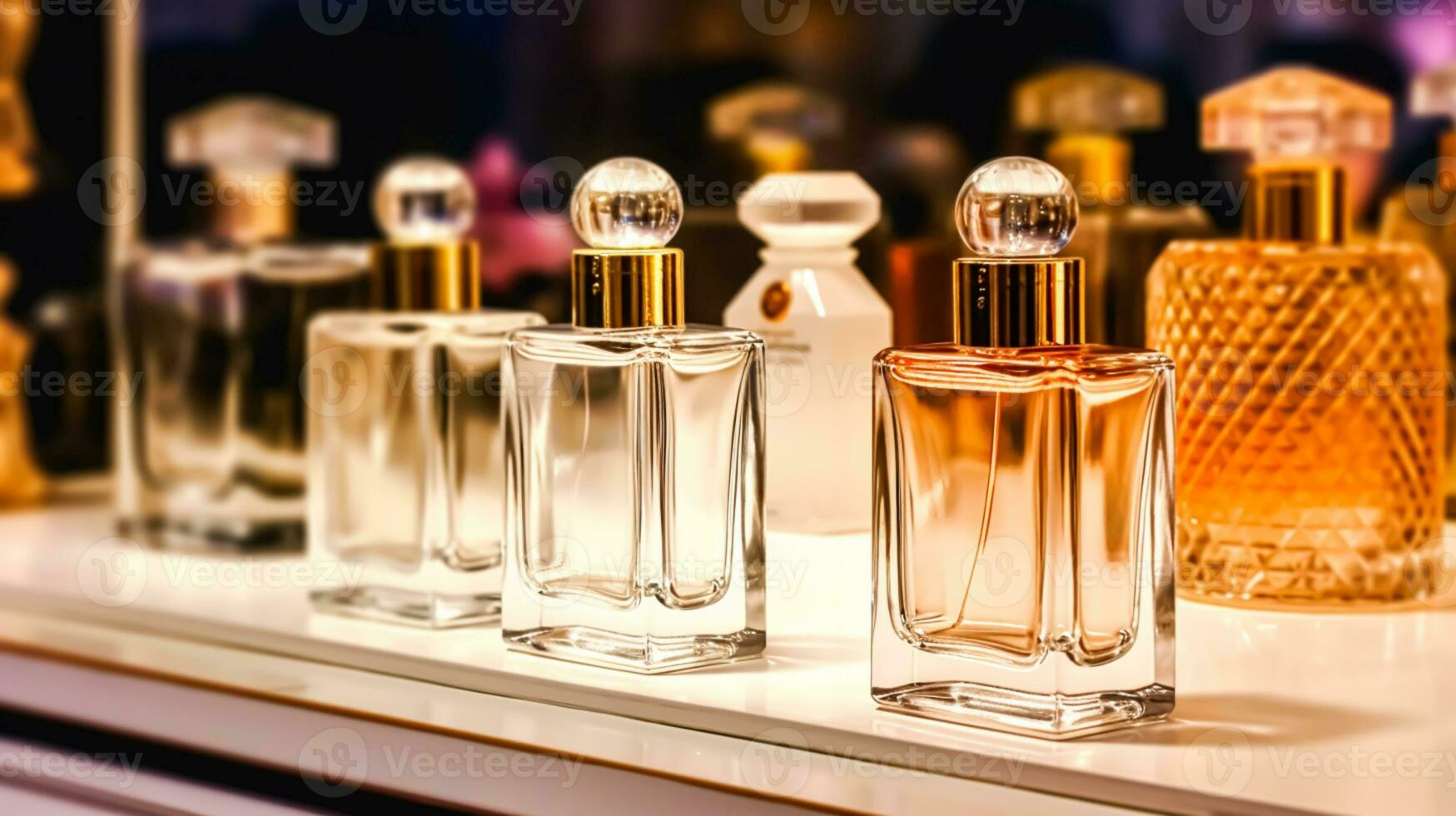 lyx doft flaskor på parfym doft på presentation händelse, skräddarsydd parfymer och skönhet produkt försäljning, generativ ai foto