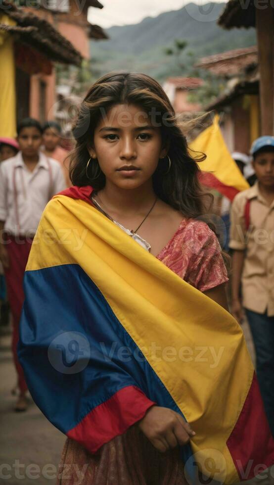 en skön flicka är innehav de flagga av colombia. foto