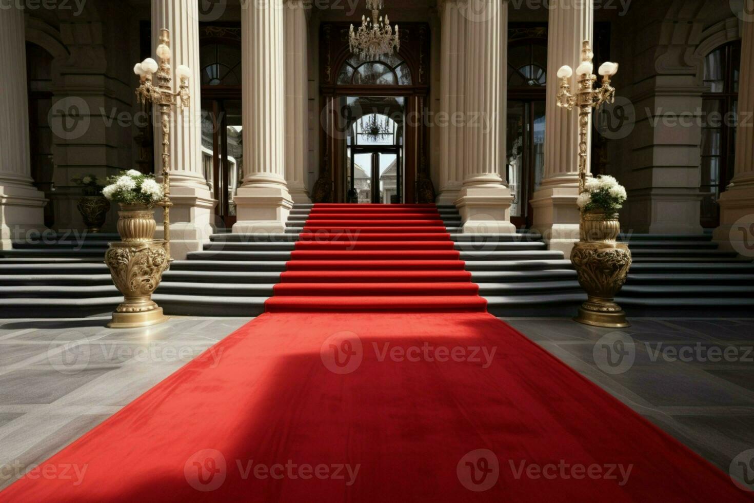 stor ingång rik hotell prunkar en vibrerande röd matta för gäster ai genererad foto