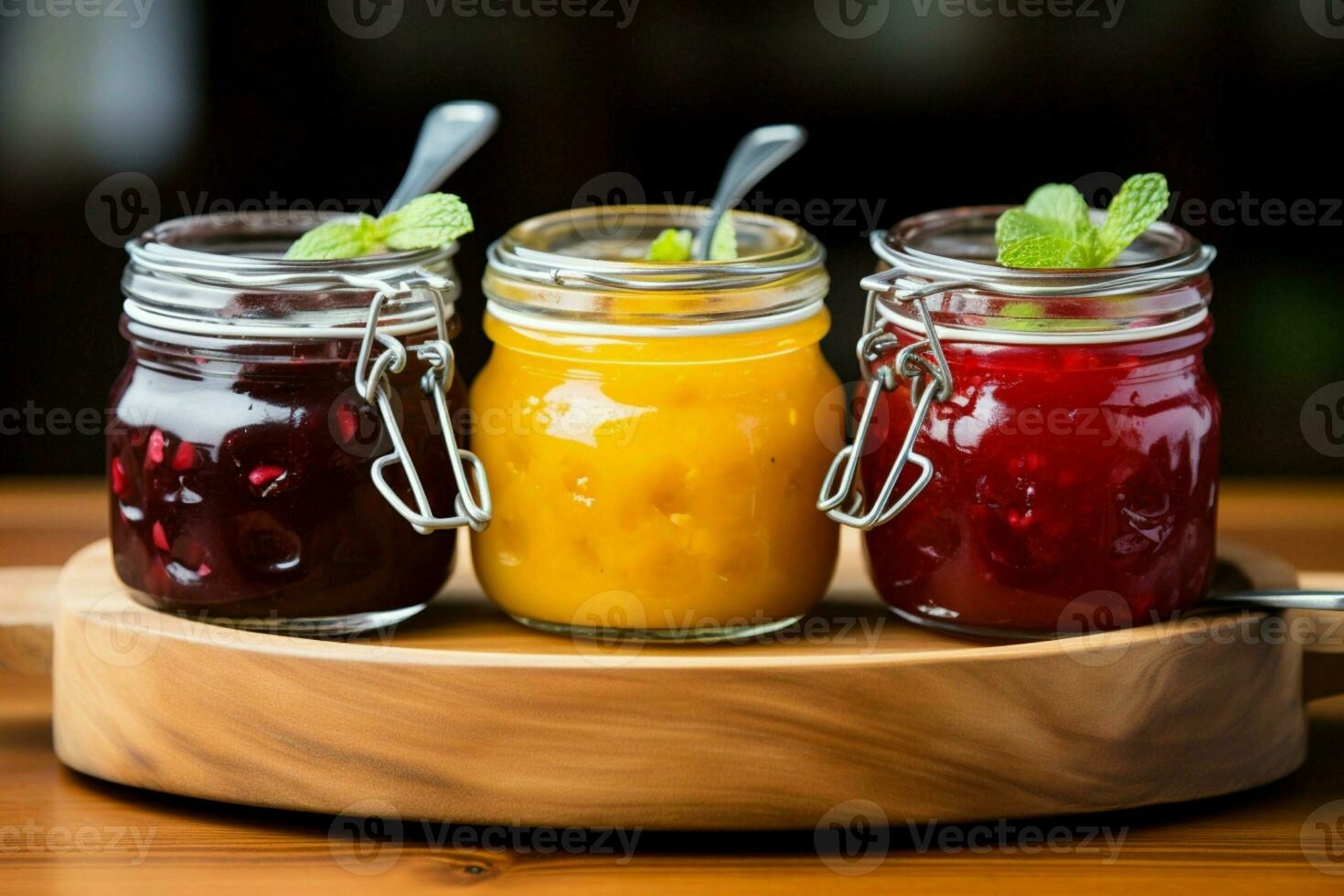 blandad frukt sylt, glas burkar på trä- tallrik, hölls i närbild förbi kvinna ai genererad foto