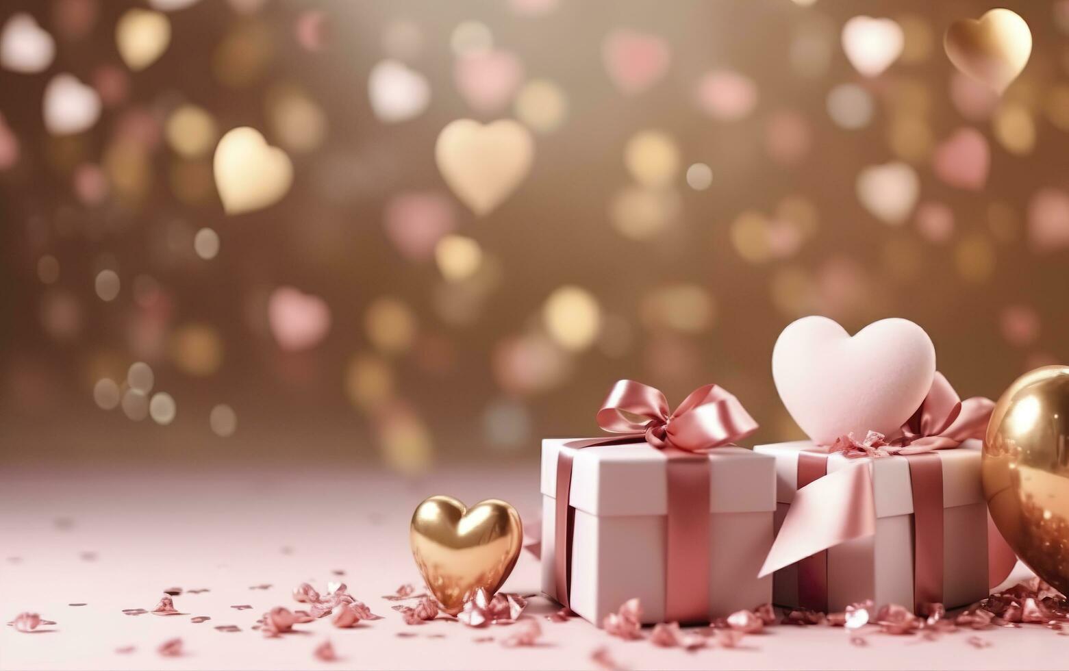 Lycklig valentines dag baner. rosa och guld hjärtan folie ballonger med gåvor på rosa bokeh. hjärtans dag bakgrund. romantisk baner bakgrund, tömma Plats för text, ai generativ foto