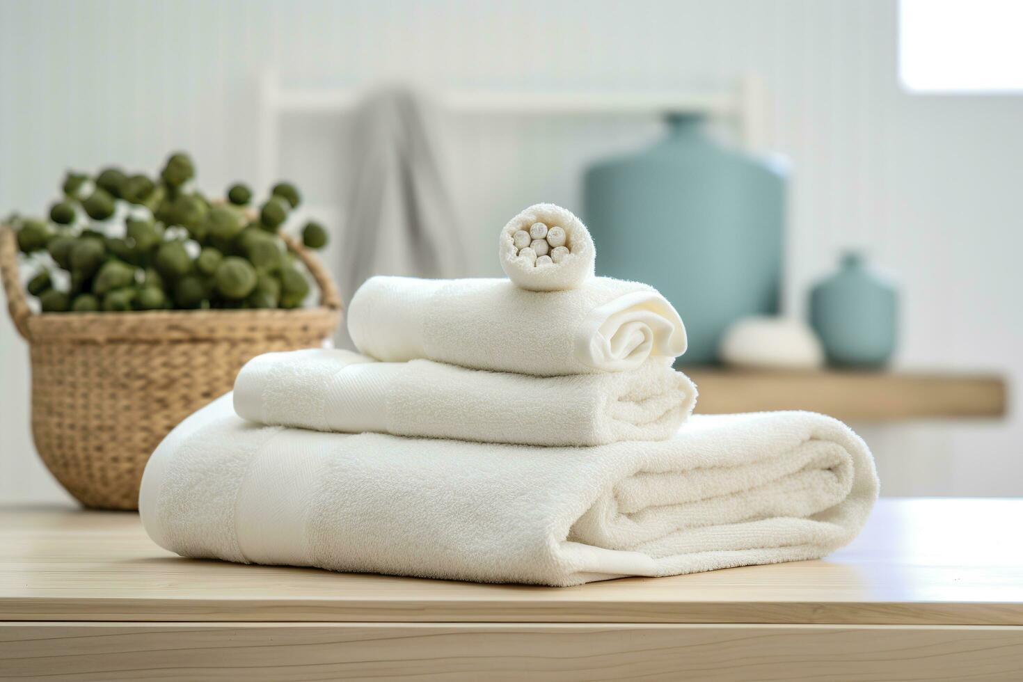 de världens mjukast handdukar mot en minimalistisk bakgrund. staplade vit handdukar sitta på topp av en tvål maträtt i en badrum. ai generativ foto