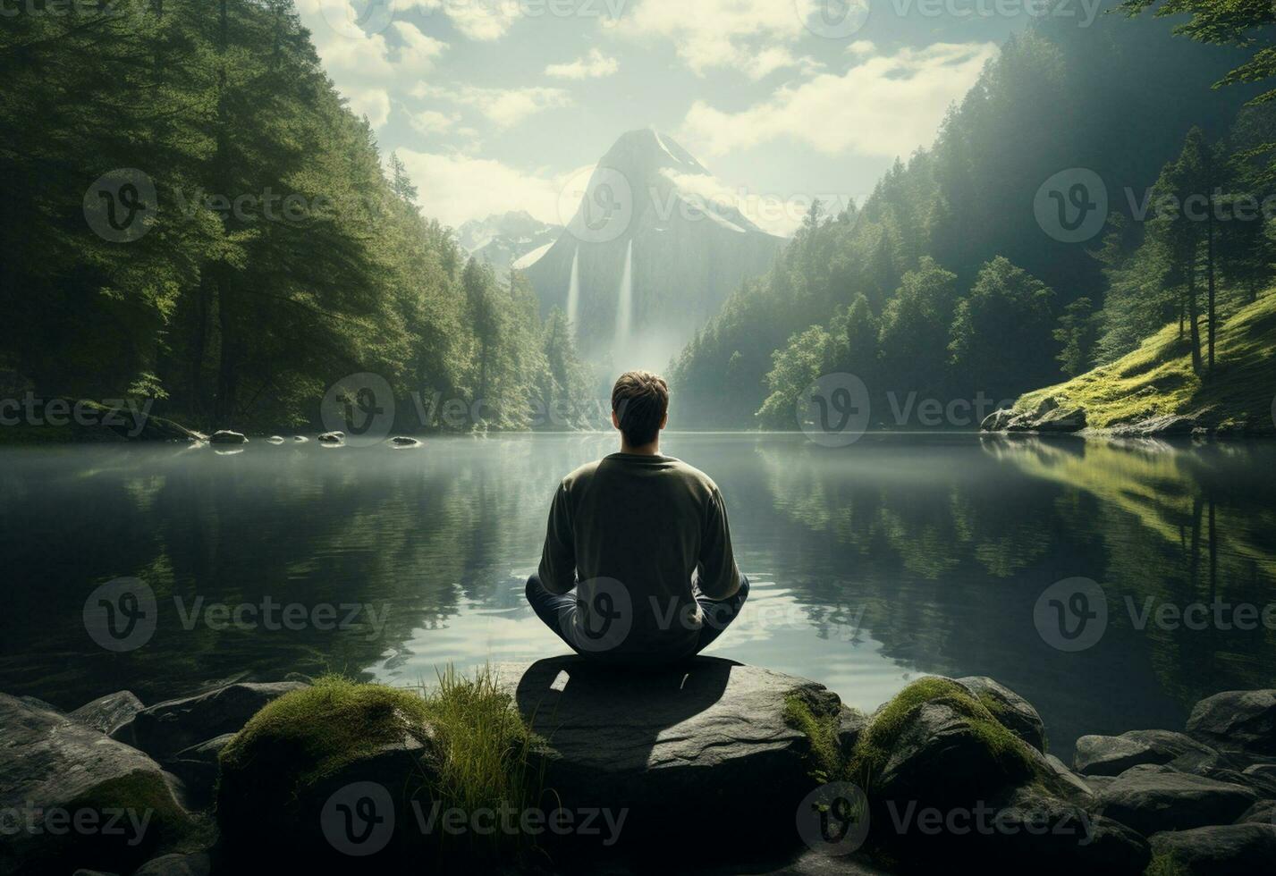 ai generativ Foto av en man praktiserande mindfulness och meditation i en fredlig naturlig miljö sony a7s realistisk bild, ultra hd, hög design mycket detaljerad