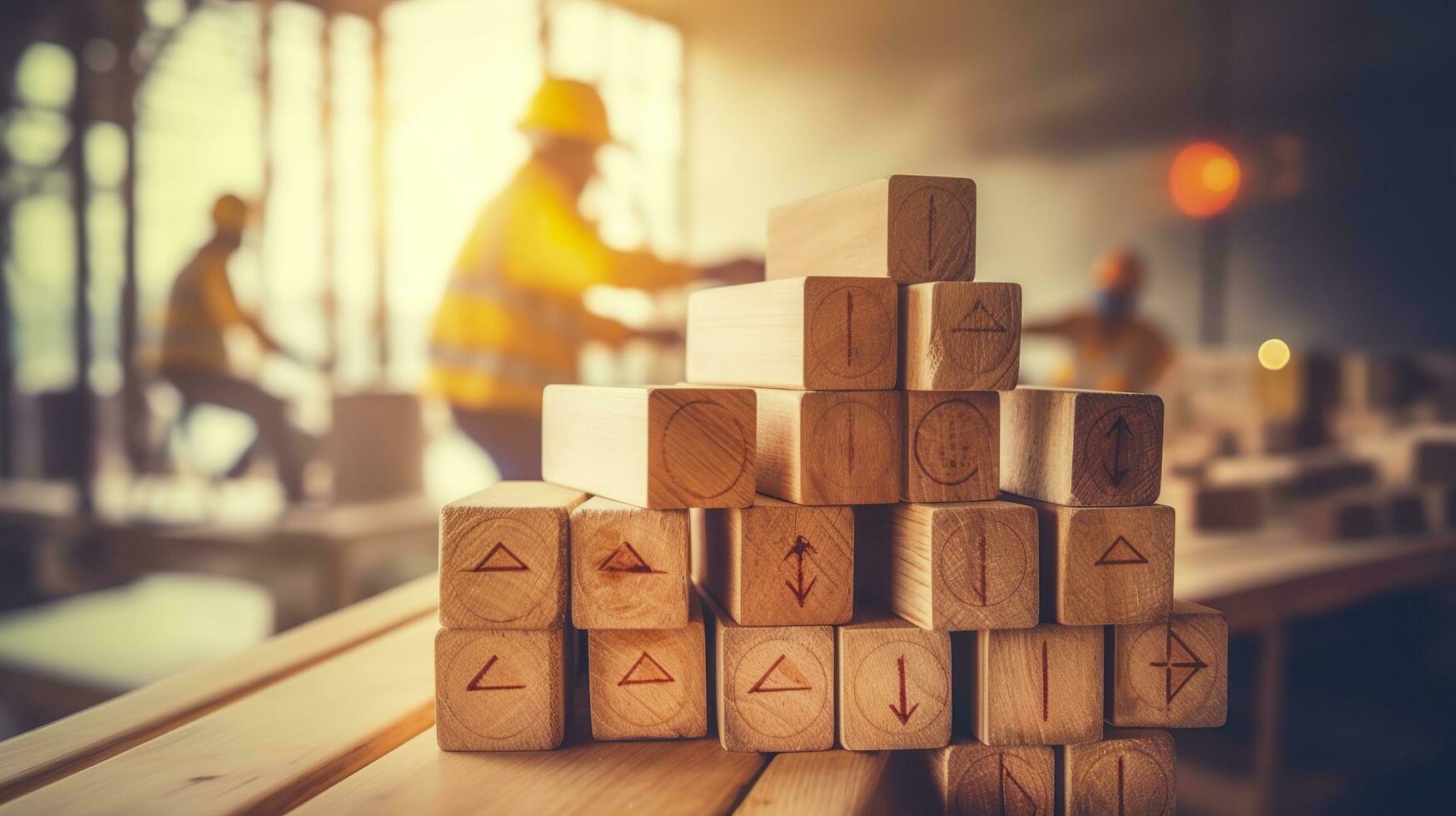 arbete säkerhet begrepp säkerhet på de arbetsplats och överensstämmelse på trä- kub block arbetssätt standard bearbeta noll olyckor använder sig av för säkerhet medvetenhet baner. ai generativ foto