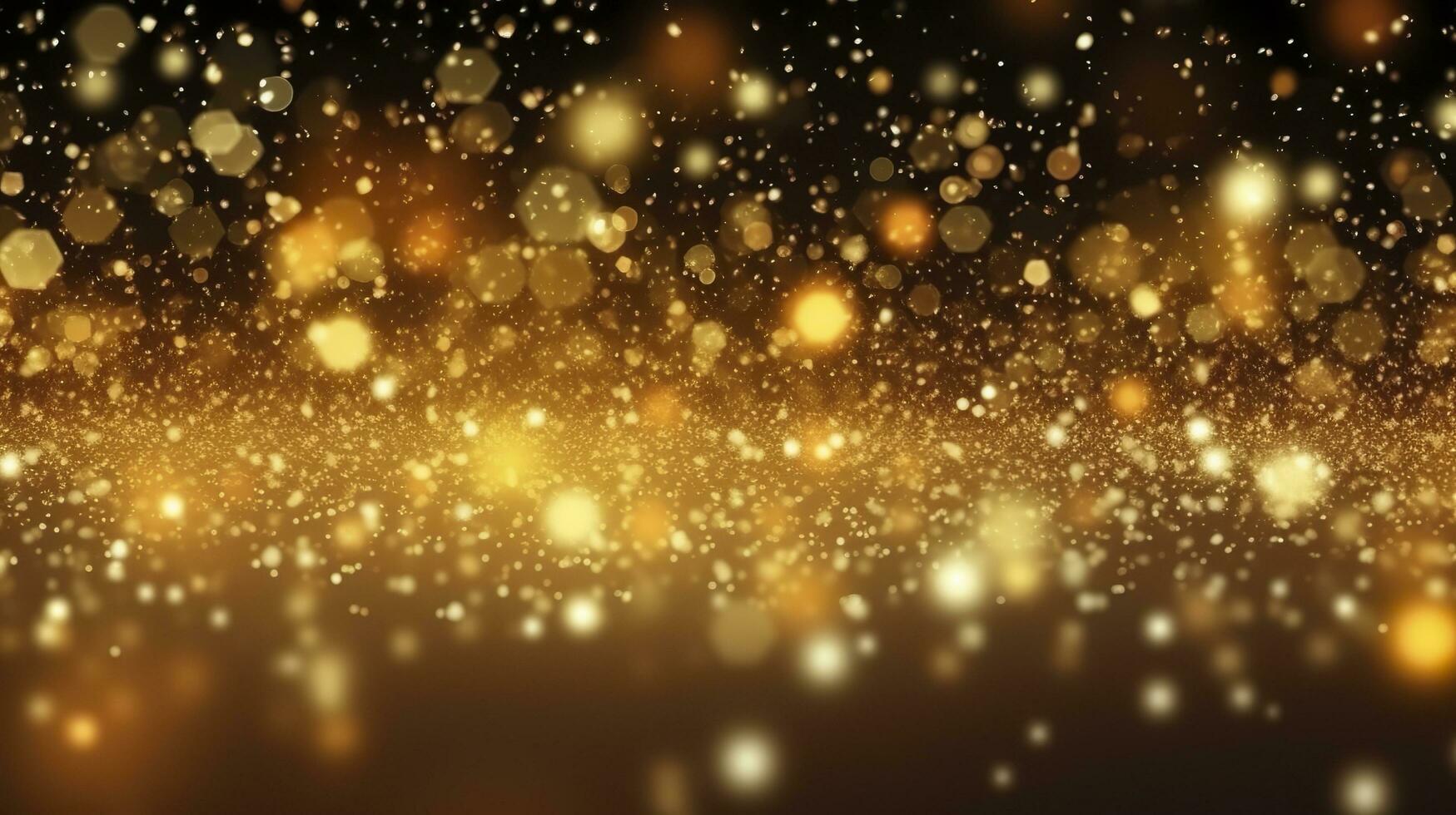 abstrakt lyx guld bakgrund med guld partiklar. glitter årgång lampor bakgrund. jul gyllene ljus glans partiklar bokeh på mörk bakgrund. guld folie textur. Semester. ai generativ foto