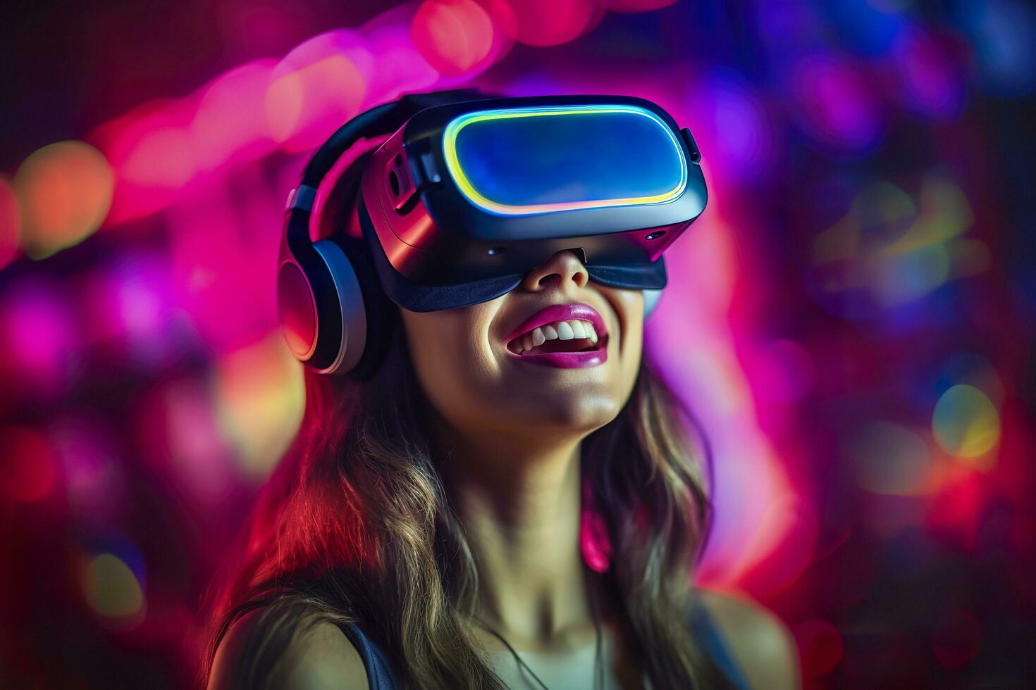 porträtt av en leende kvinna i tillfällig kläder bär virtuell verklighet glasögon, och spelar, neo ljus, suddig neo Färg bakgrund, ai generativ foto