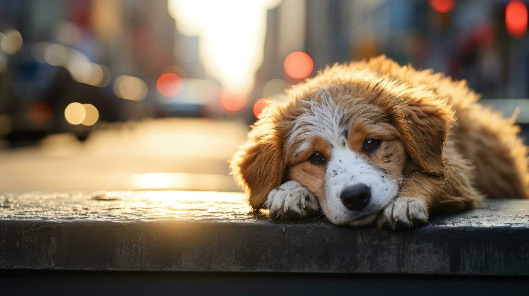 ledsen hund lögn på de gata foto