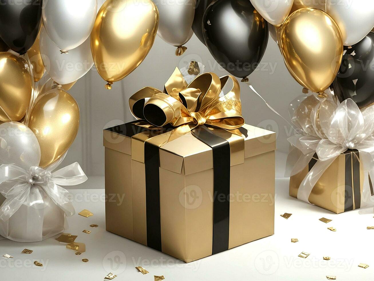 födelsedag gyllene och silver- ballonger gåva lådor . generativ ai foto