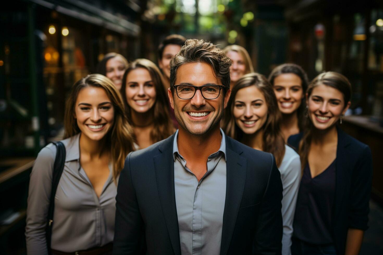 ai generativ grupp av Lycklig företag man och företag kvinnor, klädd i kostymer är leende, i de kontor foto