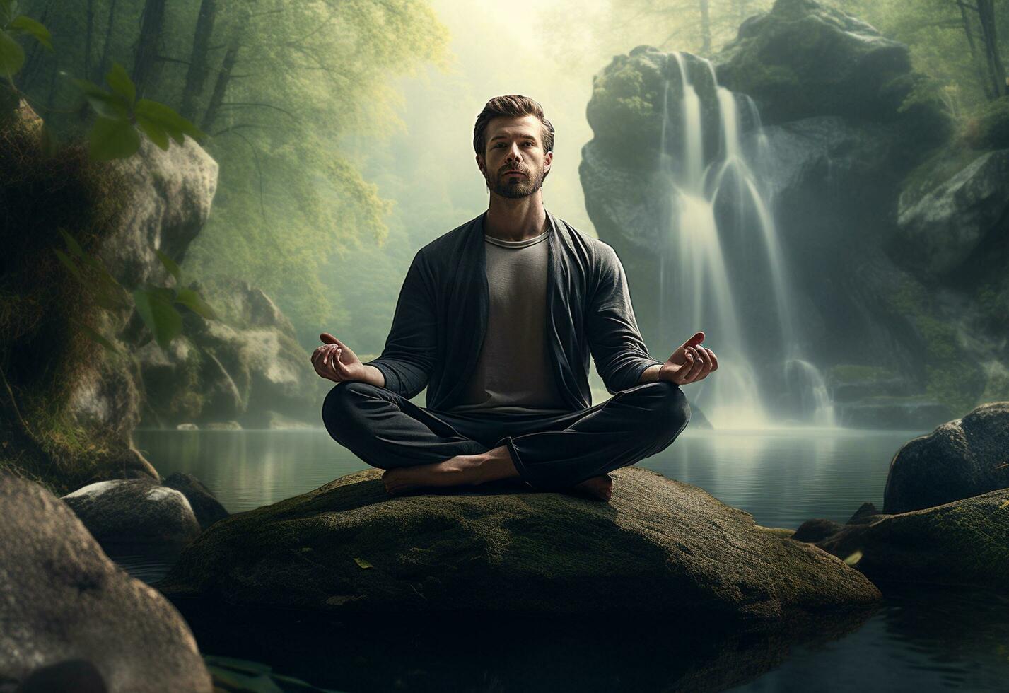 ai generativ Foto av en man praktiserande mindfulness och meditation i en fredlig naturlig miljö sony a7s realistisk bild, ultra hd, hög design mycket detaljerad