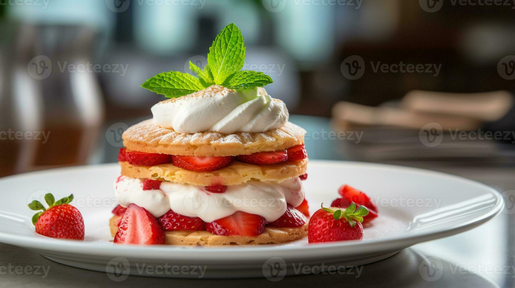 Foto av jordgubb shortcake som en maträtt i en high-end restaurang. generativ ai