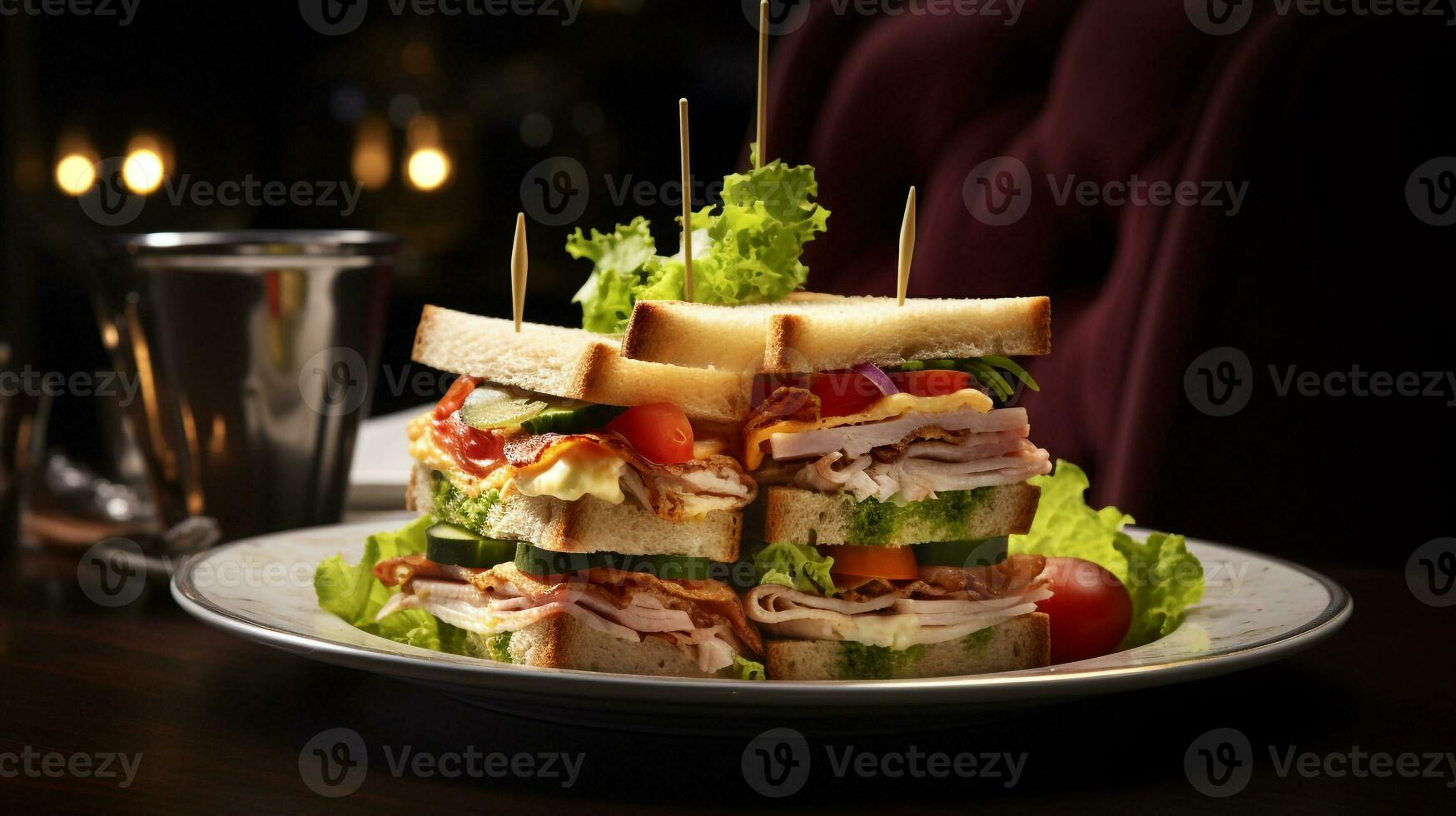 Foto av klubb smörgås som en maträtt i en high-end restaurang. generativ ai