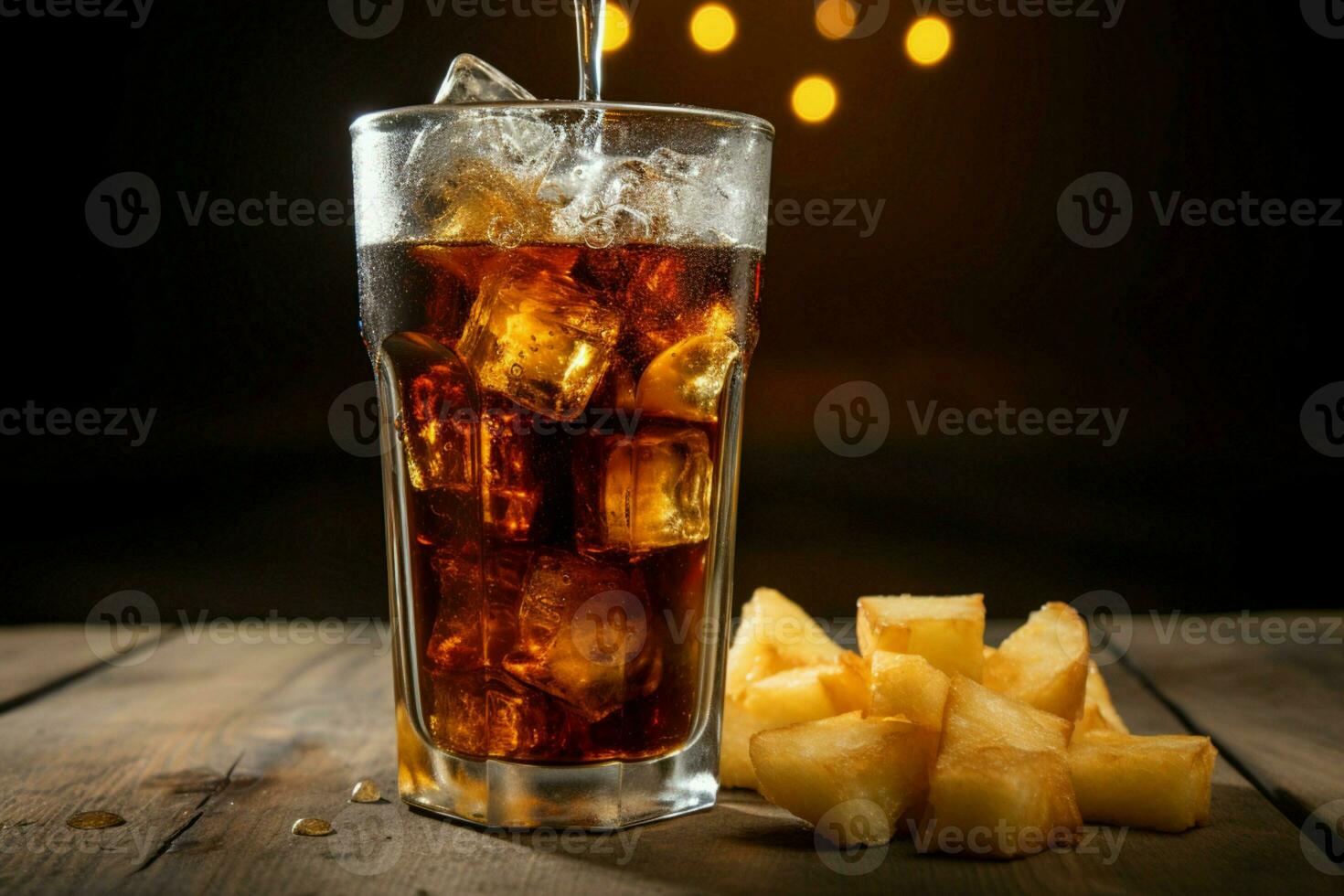 cola kaskader in i en glas på en trä- tabell mot en frites bakgrund ai genererad foto