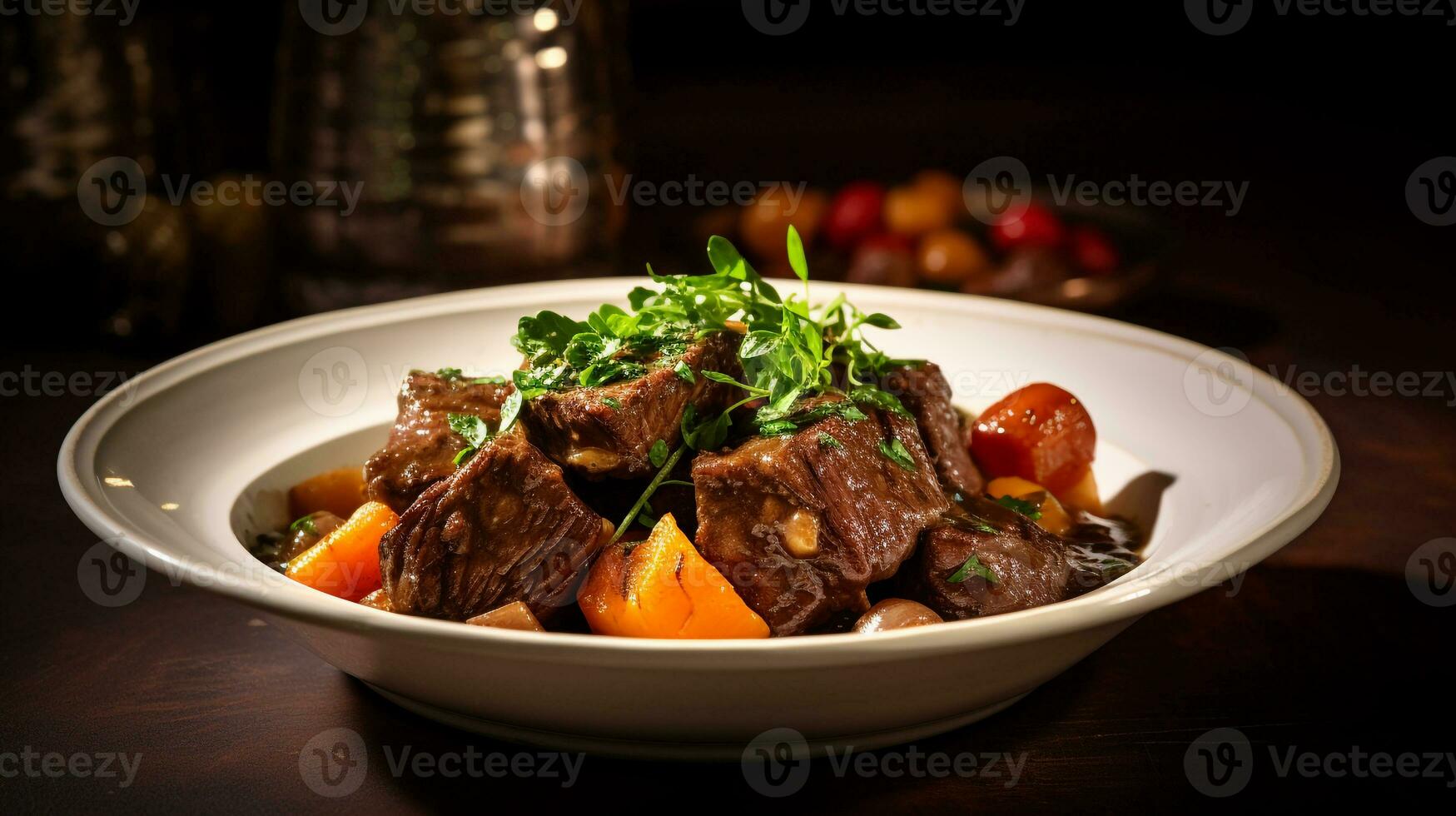 Foto av nötkött gryta som en maträtt i en high-end restaurang. generativ ai