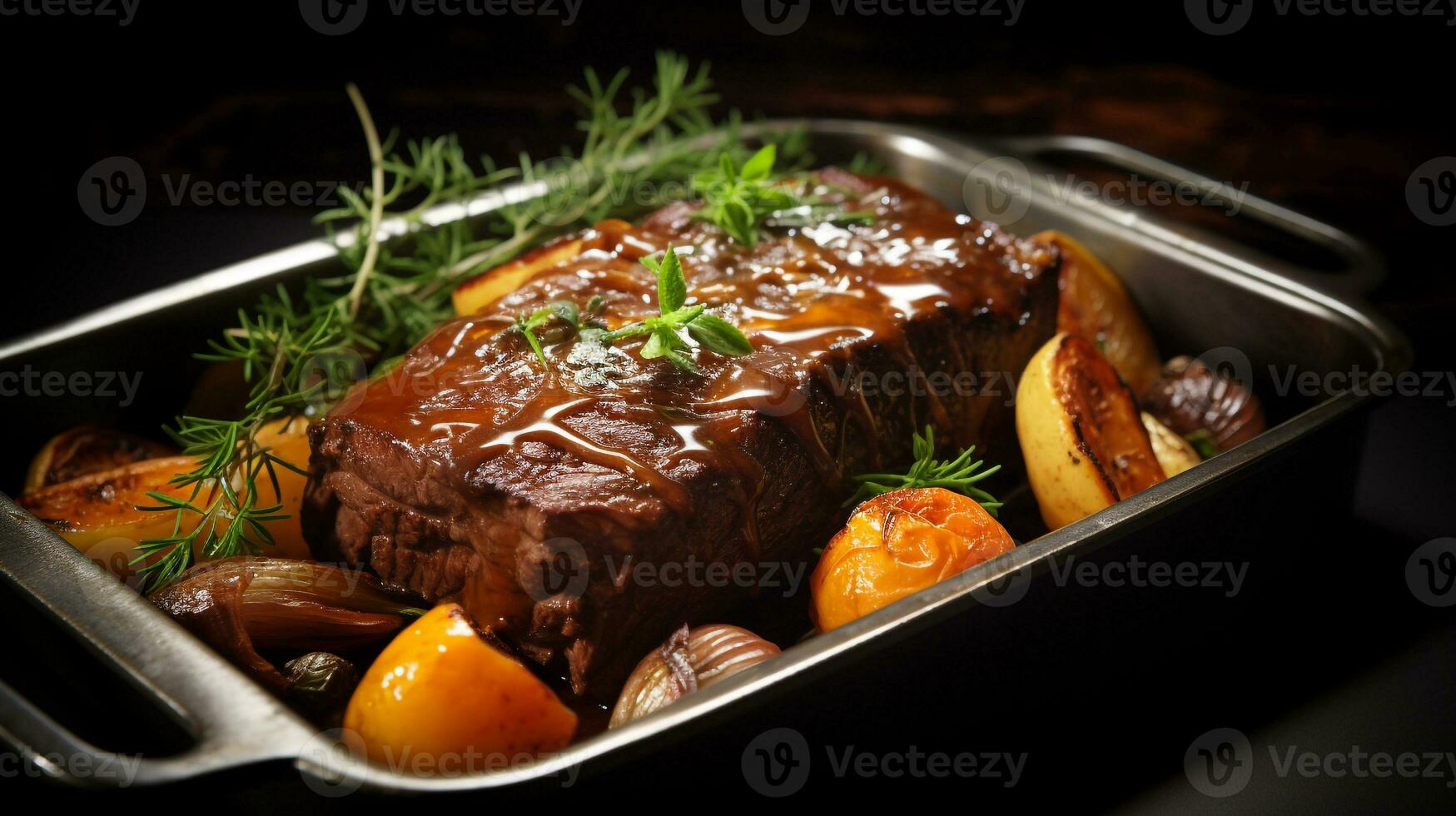 Foto av nötkött pott steka som en maträtt i en high-end restaurang. generativ ai