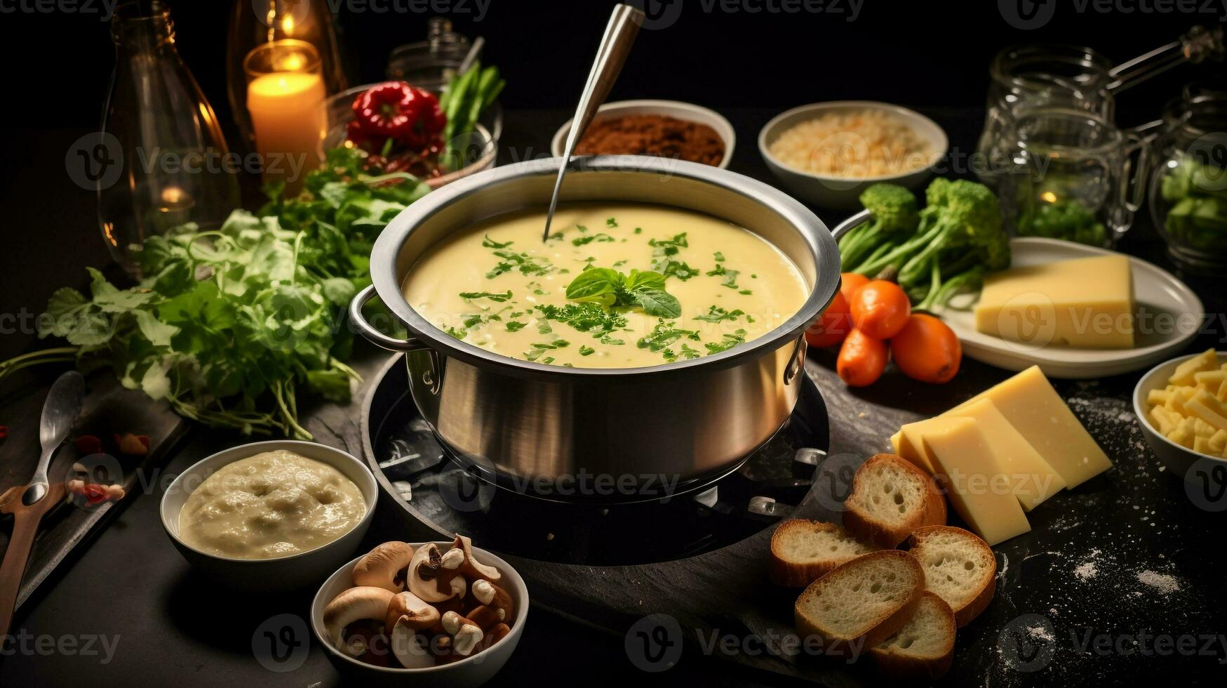 Foto av ost fondue som en maträtt i en high-end restaurang. generativ ai