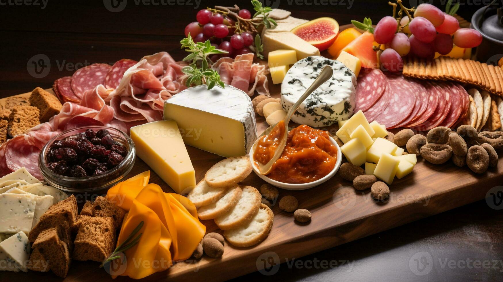 Foto av ost och charkuterivaror styrelse som en maträtt i en high-end restaurang. generativ ai
