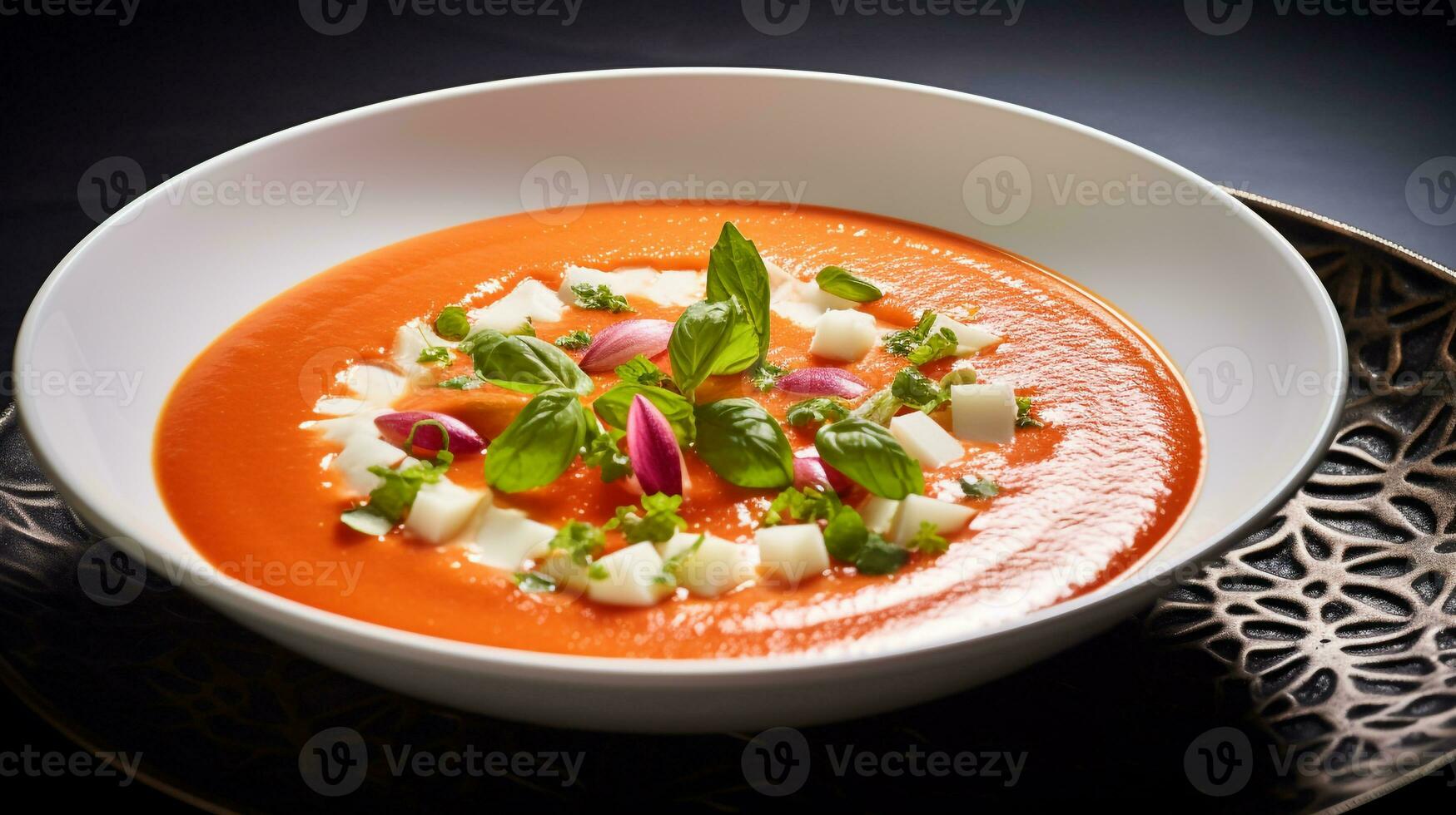 Foto av gazpacho som en maträtt i en high-end restaurang. generativ ai