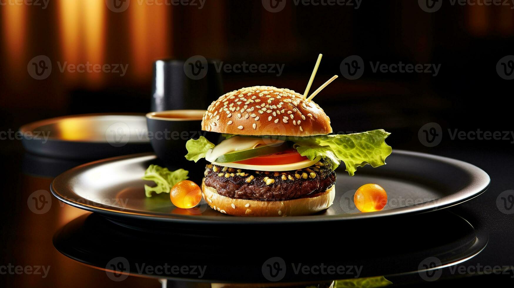Foto av hamburgare som en maträtt i en high-end restaurang. generativ ai