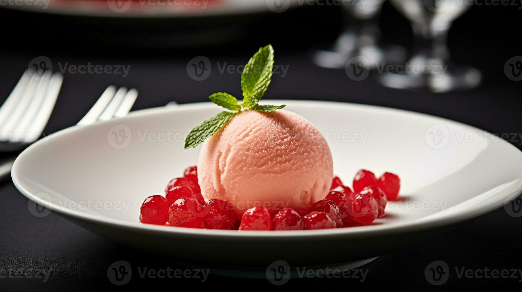 Foto av litchi sorbet som en maträtt i en high-end restaurang. generativ ai