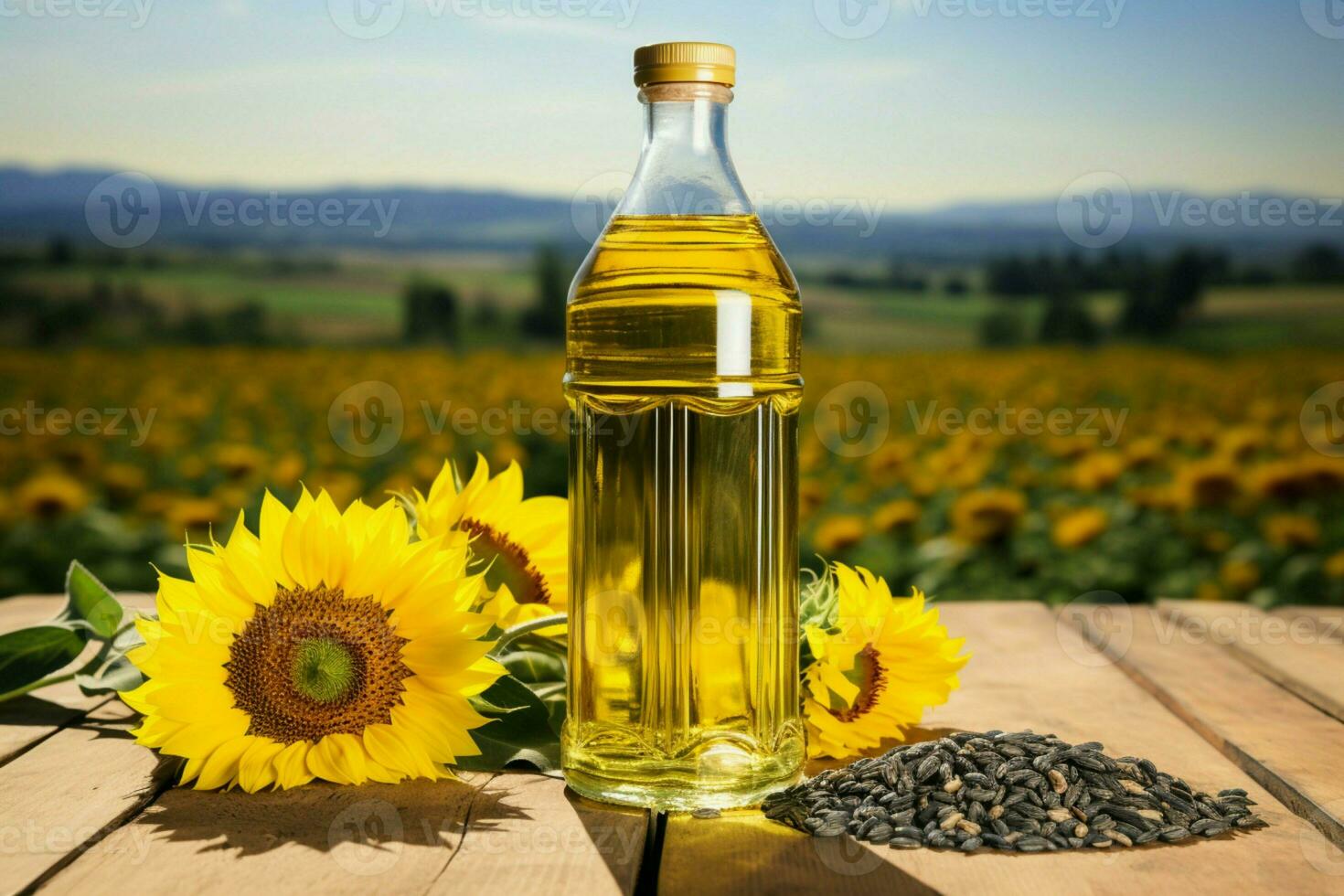en plast flaska av solros olja på en trä- tabell med en solros fält bakgrund ai genererad foto