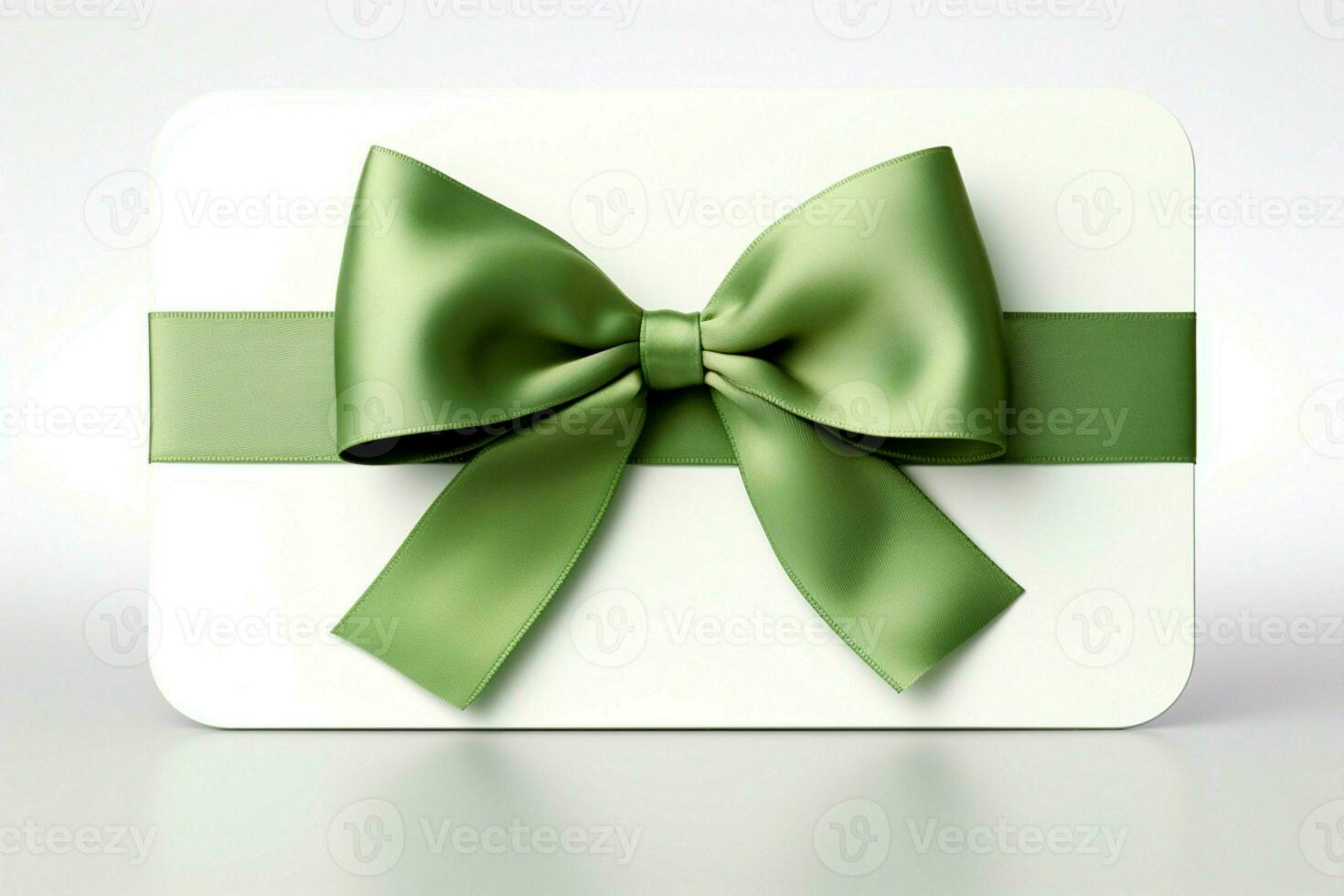 fristående gåva kort, elegant grön rosett. vit bakgrund slingor dess charm. ai genererad foto