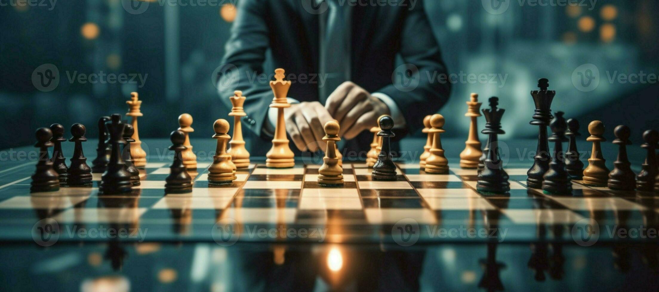 en affärsman förkroppsligar planera, beslutsfattande, och konkurrenskraftig strategi begrepp med en schackbräde ai genererad foto
