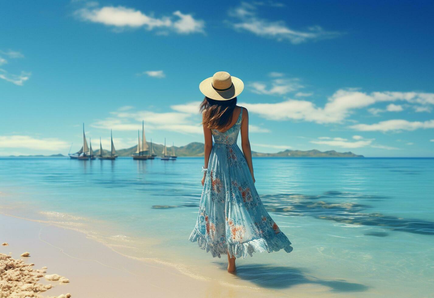 ai generativ ung turist kvinna i sommar klänning och hatt stående på skön sandig strand. söt flicka njuter foto