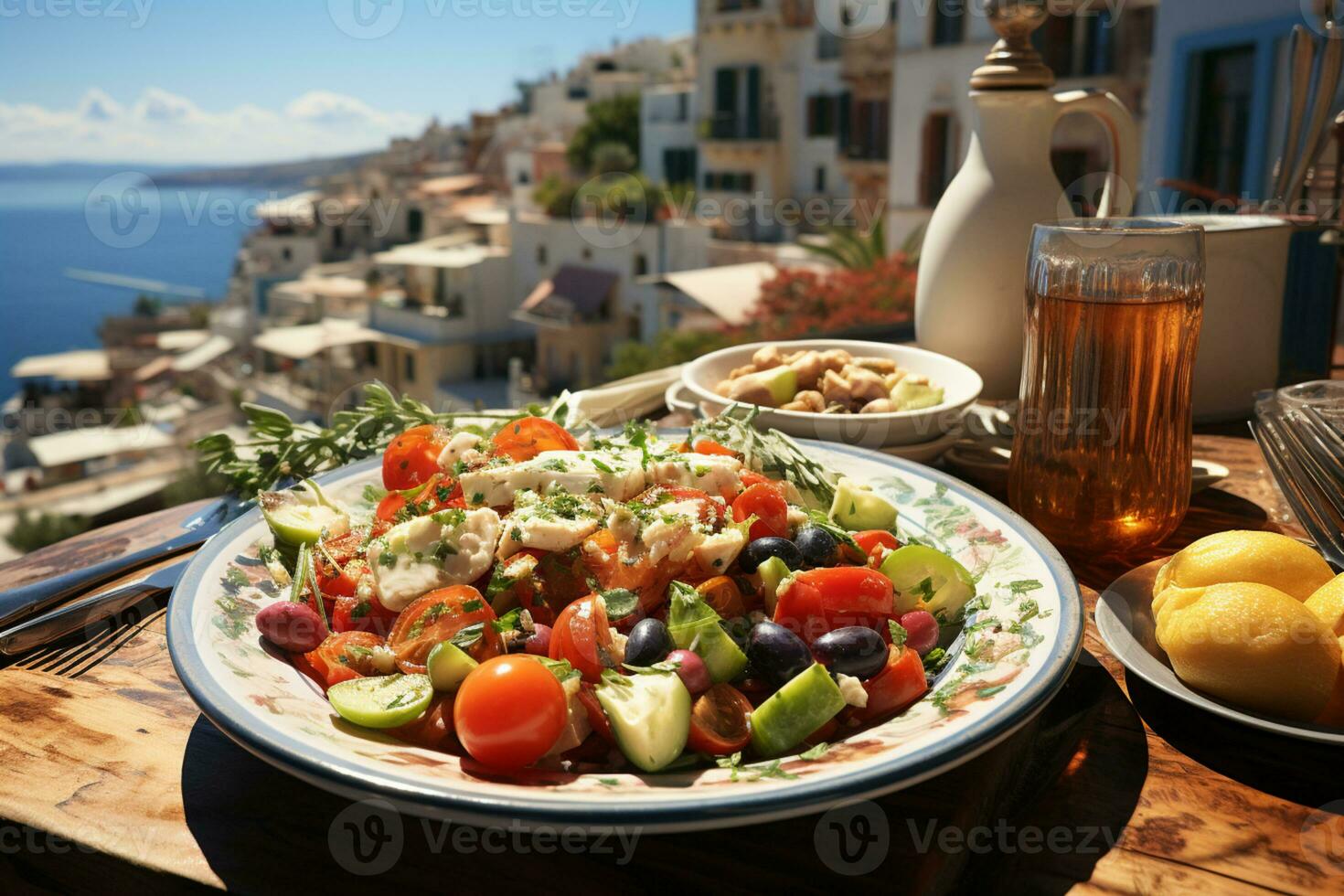 kulinariska glädje, lunch med grekisk sallad och musaka, utsikt de hamn ai genererad foto