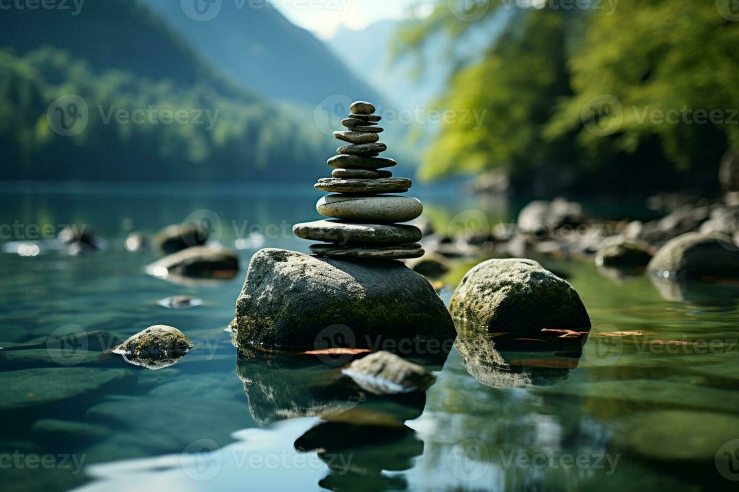 zen fristad, lugn aura, balanserad stenar, lugn natur miljö, meditativ atmosfär ai genererad foto