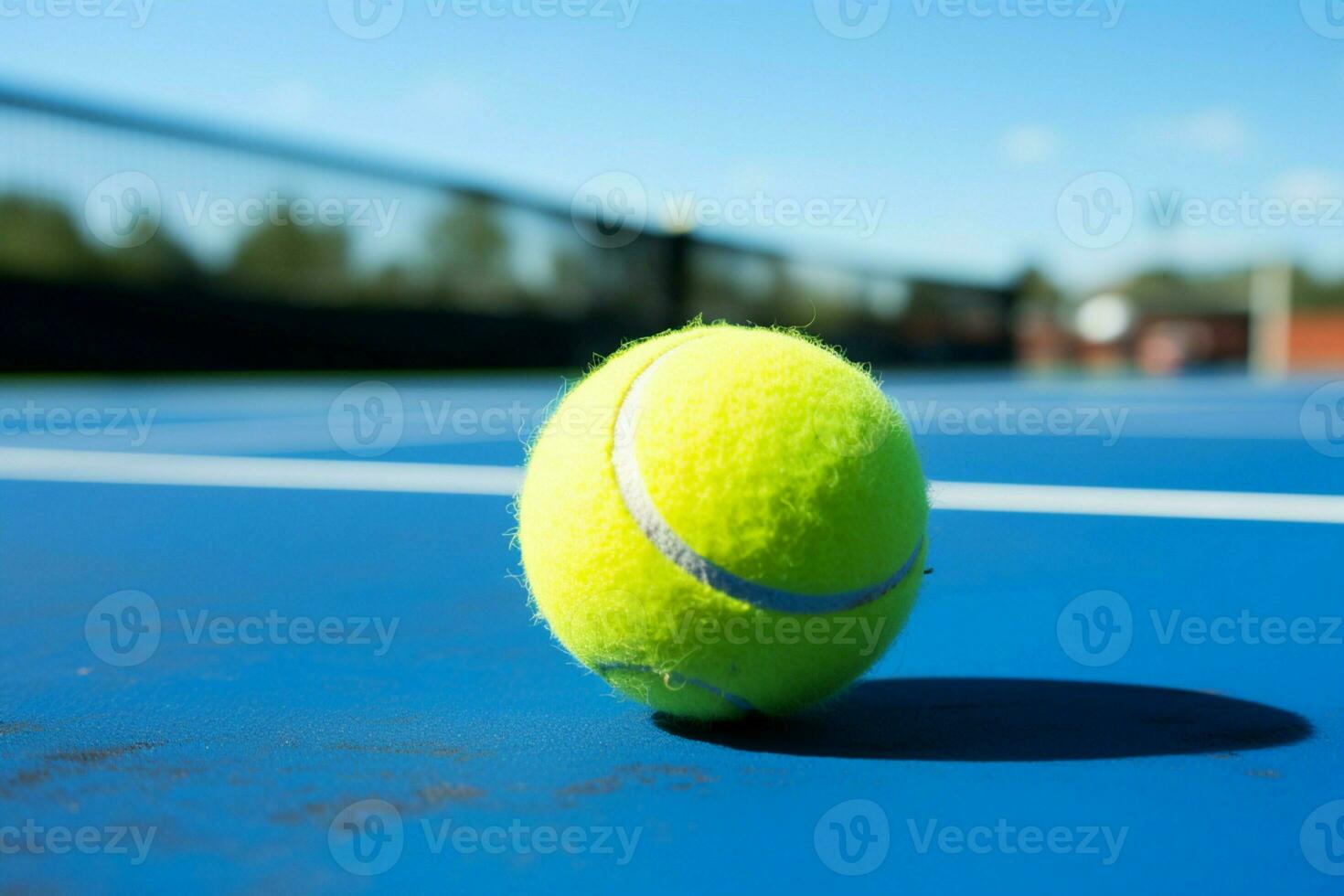 en vibrerande gul boll vilar på en professionell racket på en blå tennis domstol matta ai genererad foto