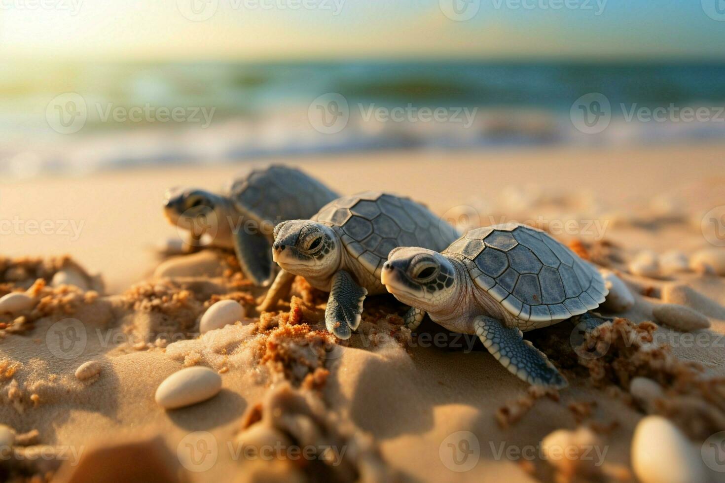 skuggning på de havet bebis sköldpaddor ha sönder fri, startande deras kust resa. ai genererad foto