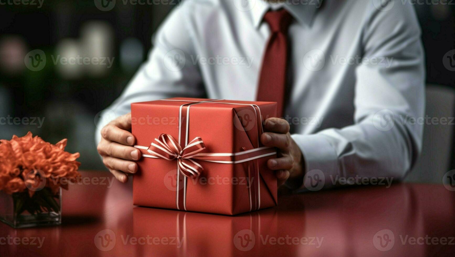 snabb företag gåva leverans. man på skrivbord, röd låda. perfekt kopia område. ai genererad foto